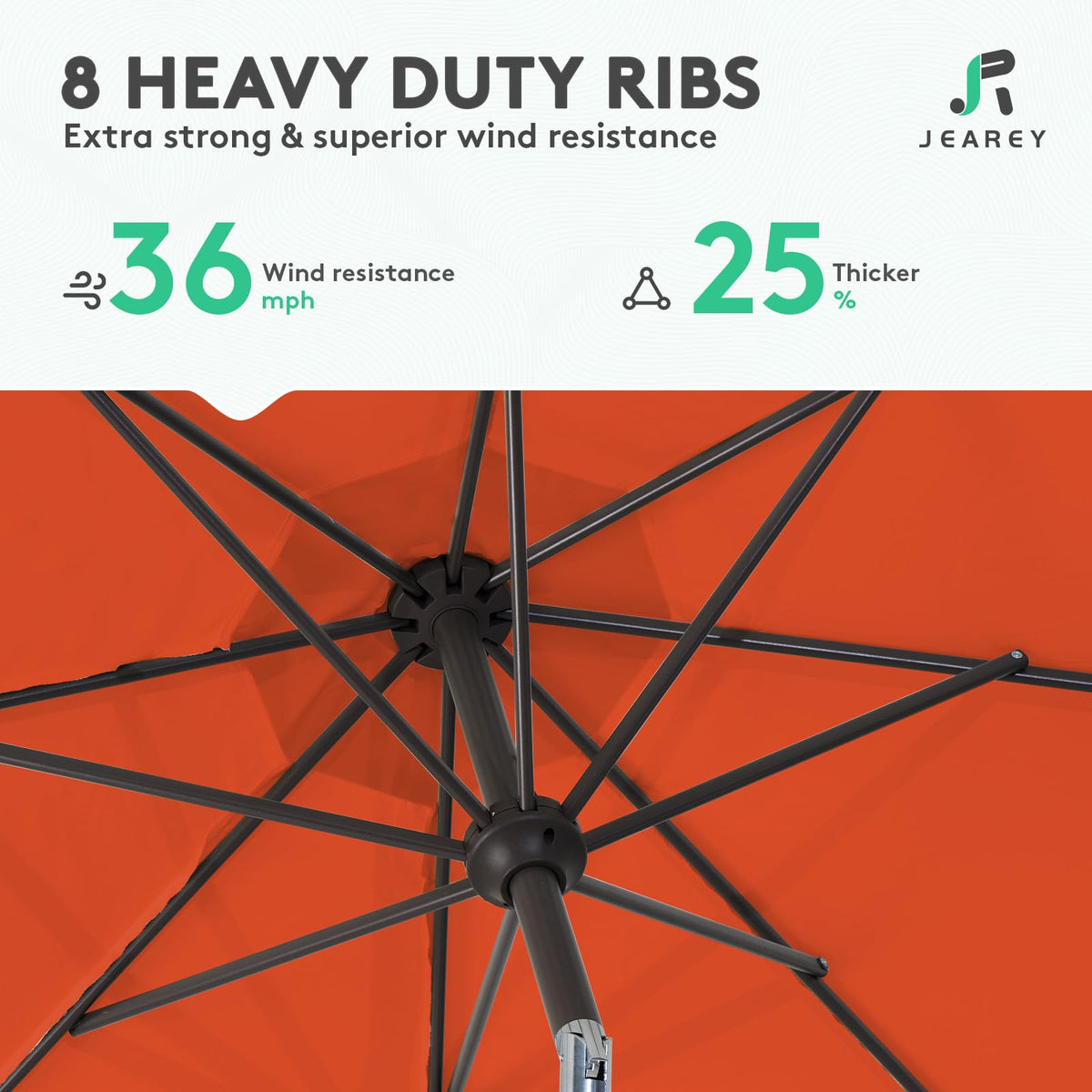 JEAREY iron pole with eight ribs illustrates sturdy, rust-resistant frame