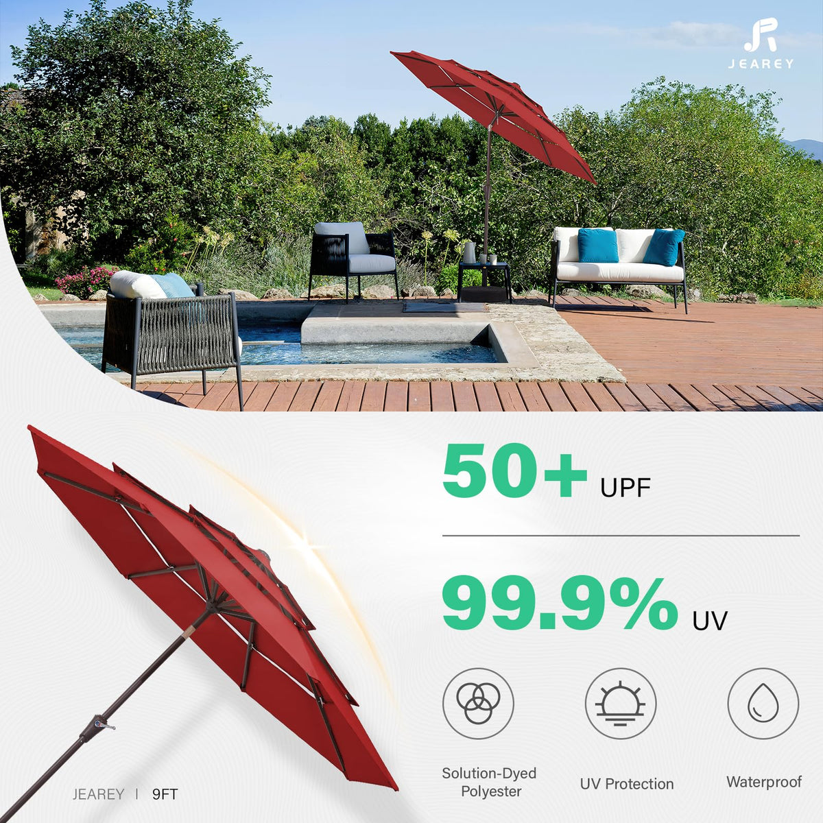 JEAREY powder-coated iron pole with eight ribs offering sturdy wind resistance.