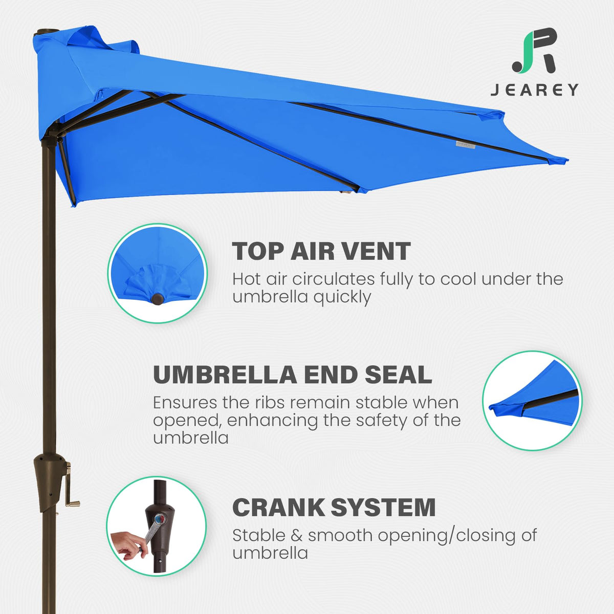 JEAREY premium fabric provides sun protection and water resistance.