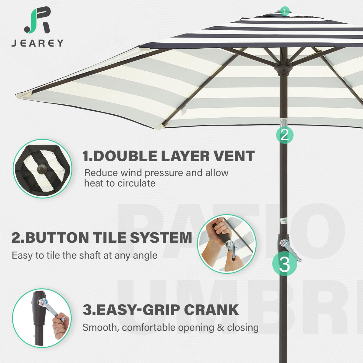 JEAREY push-button tilt mechanism enables flexible shade throughout the day.