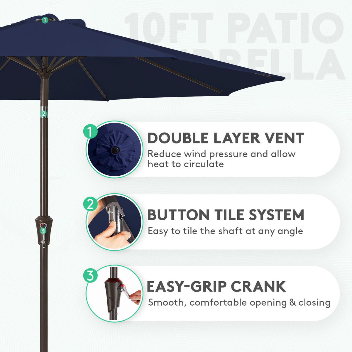 JEAREY push-button tilt umbrella control enables quick sun protection