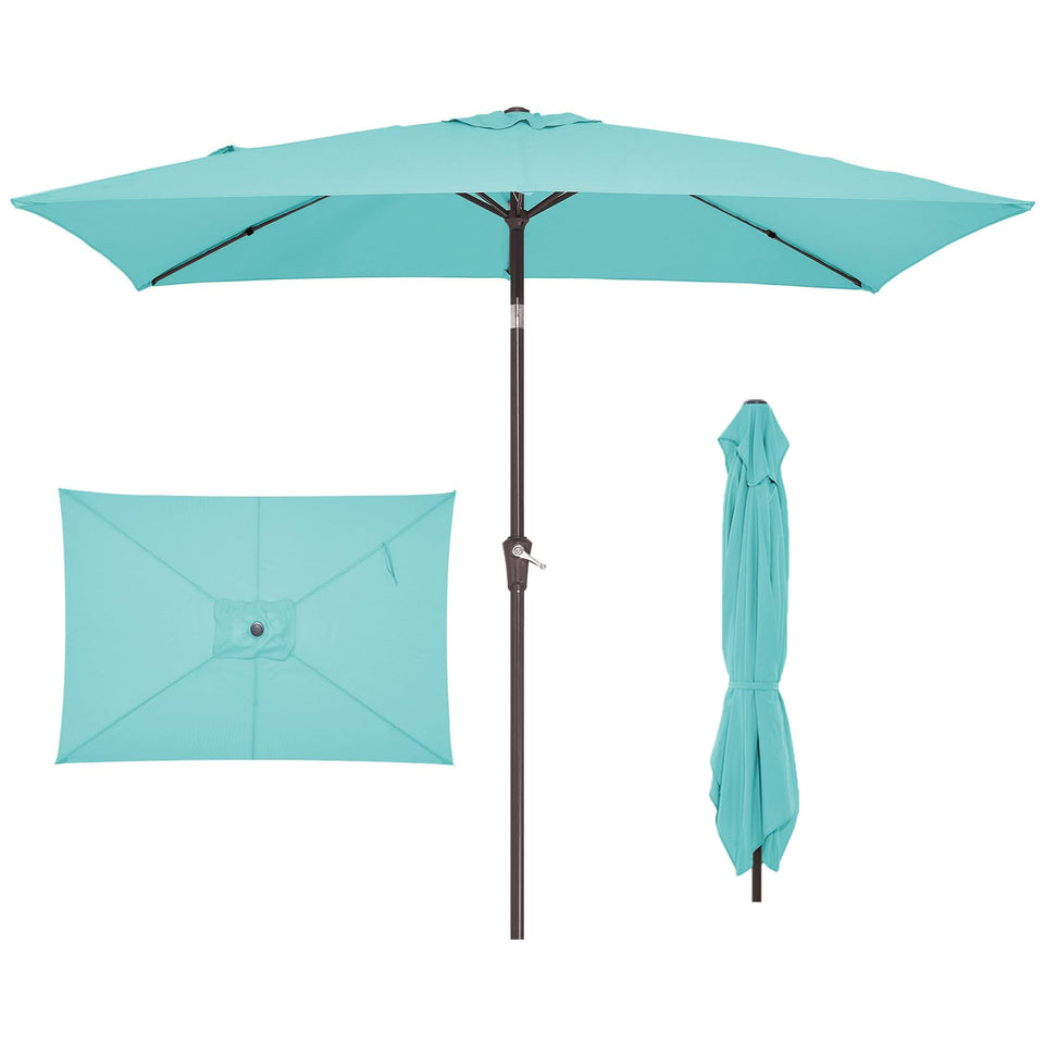 JEAREY rectangle patio umbrella in Peacock Blue provides wide shade for outdoor dining