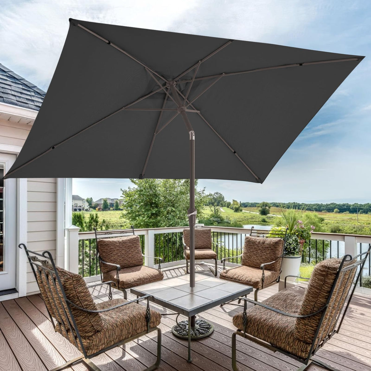 Waterproof and UV-protected fabric resists sun and rain.