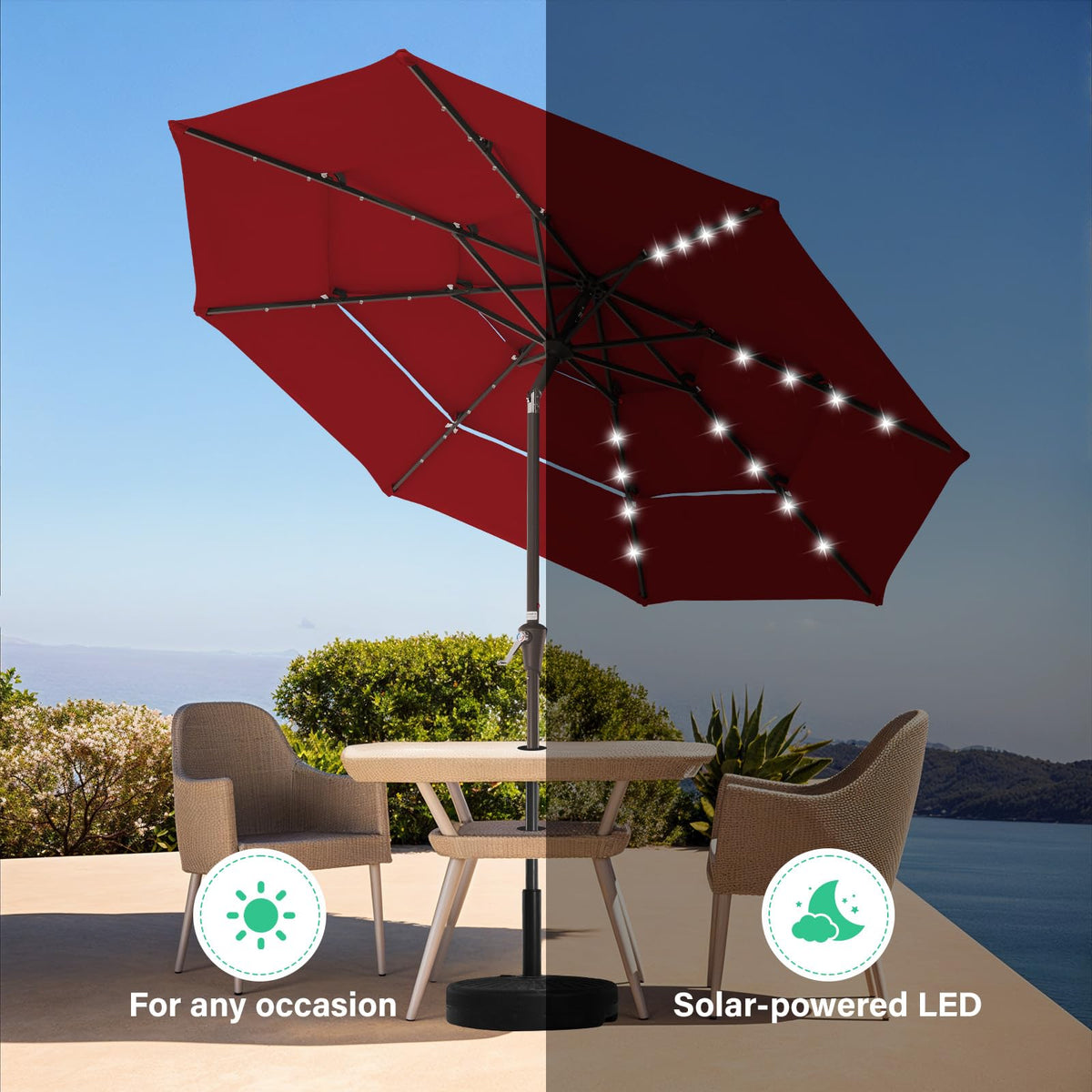 JEAREY 9-foot umbrella shown with seating for 5 to 6 chairs.