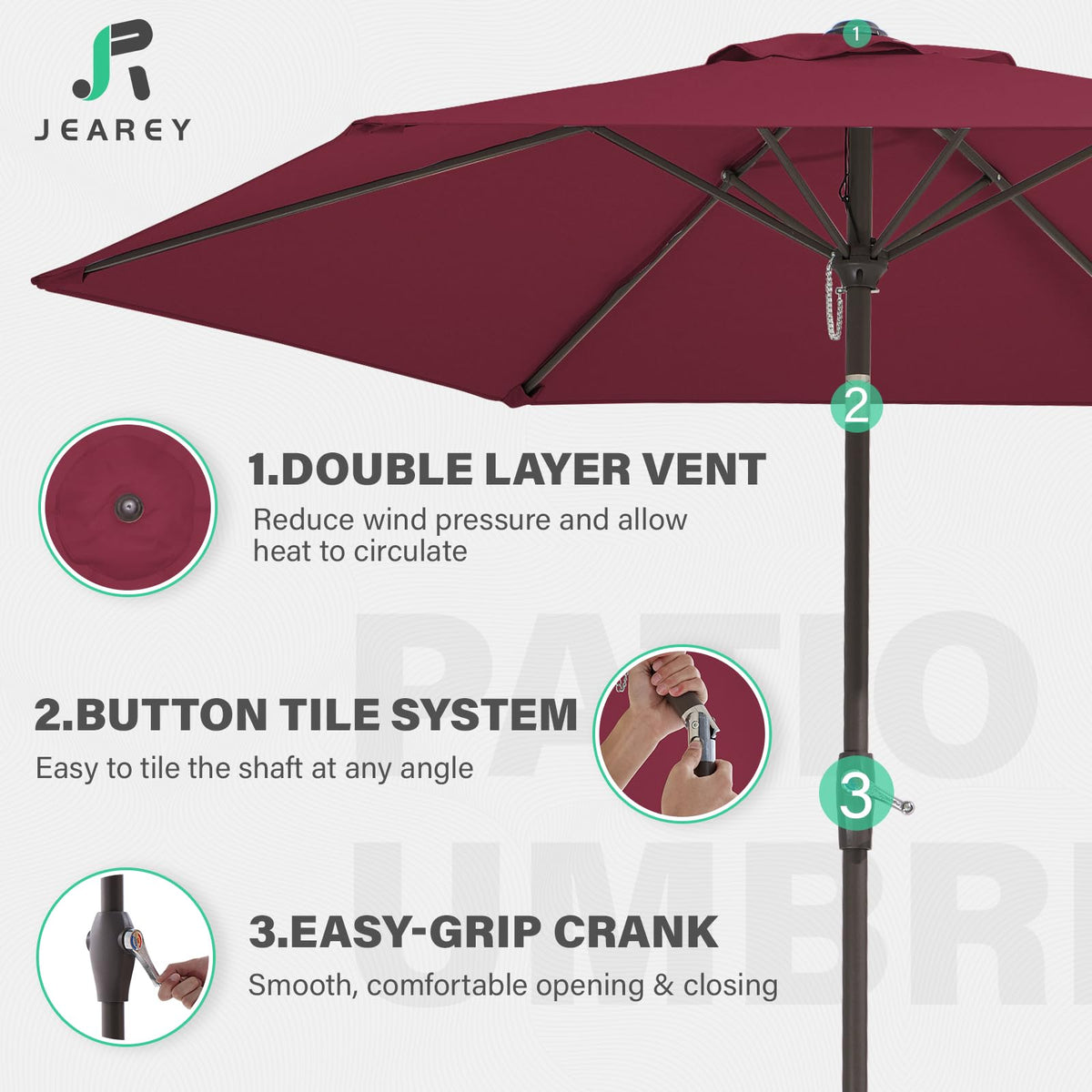JEAREY umbrella crank tilt button enables easy sun adjustment