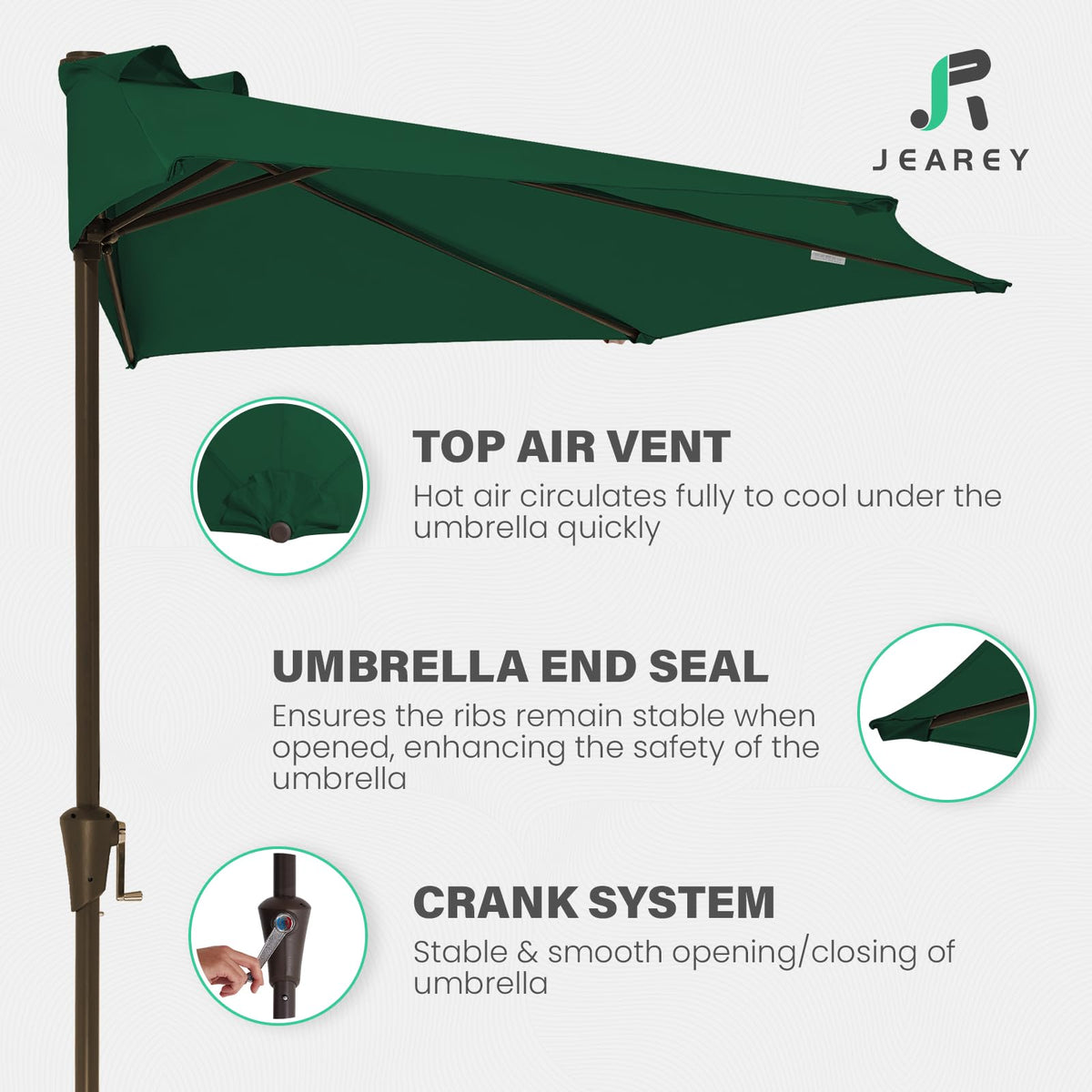 JEAREY umbrella highlighting five ribs for sturdy shade.