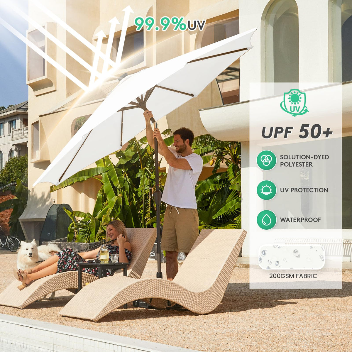 JEAREY umbrella with hand-crank lift for easy setup and takedown.