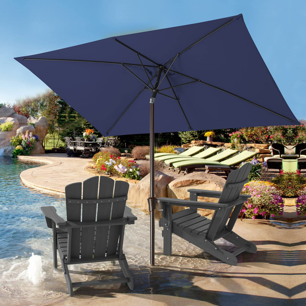 JEAREY navy canopy complements outdoor decor and provides shade.