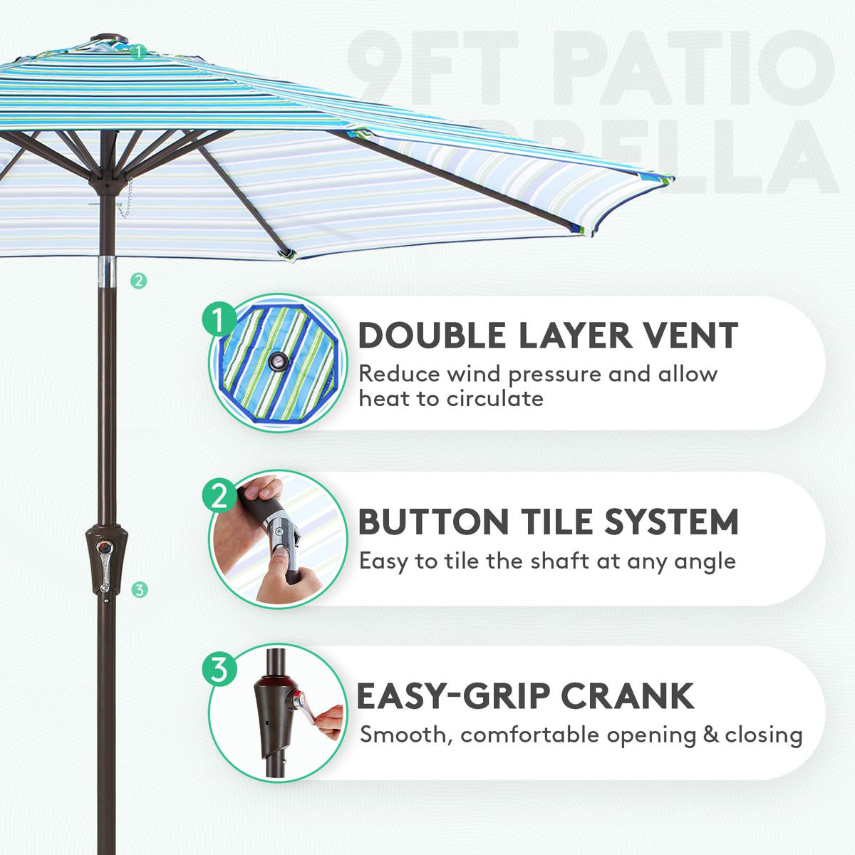 JEAREY push-button tilt mechanism enables easy angling for sun control.
