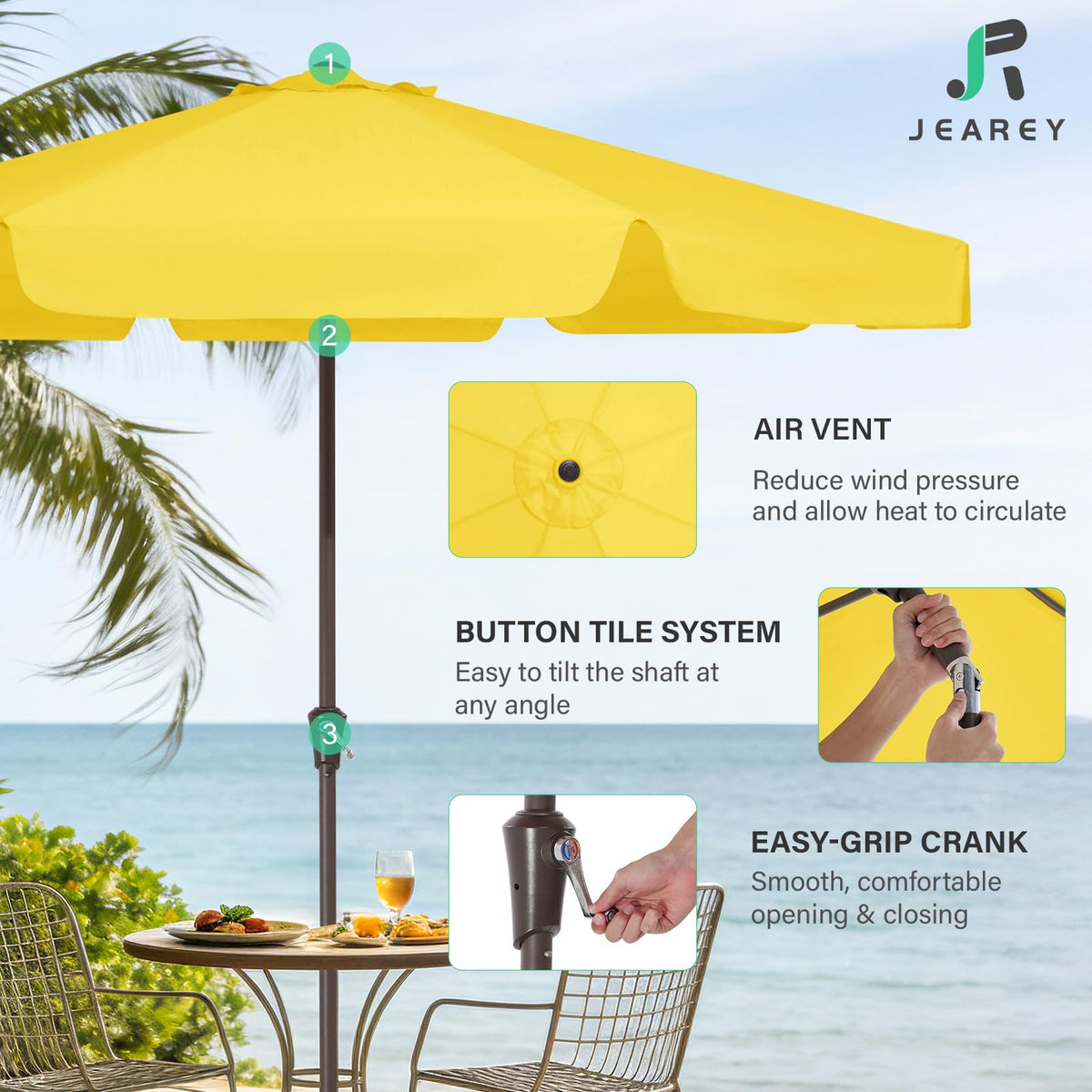 JEAREY 9ft umbrella top air vent for improved wind stability.