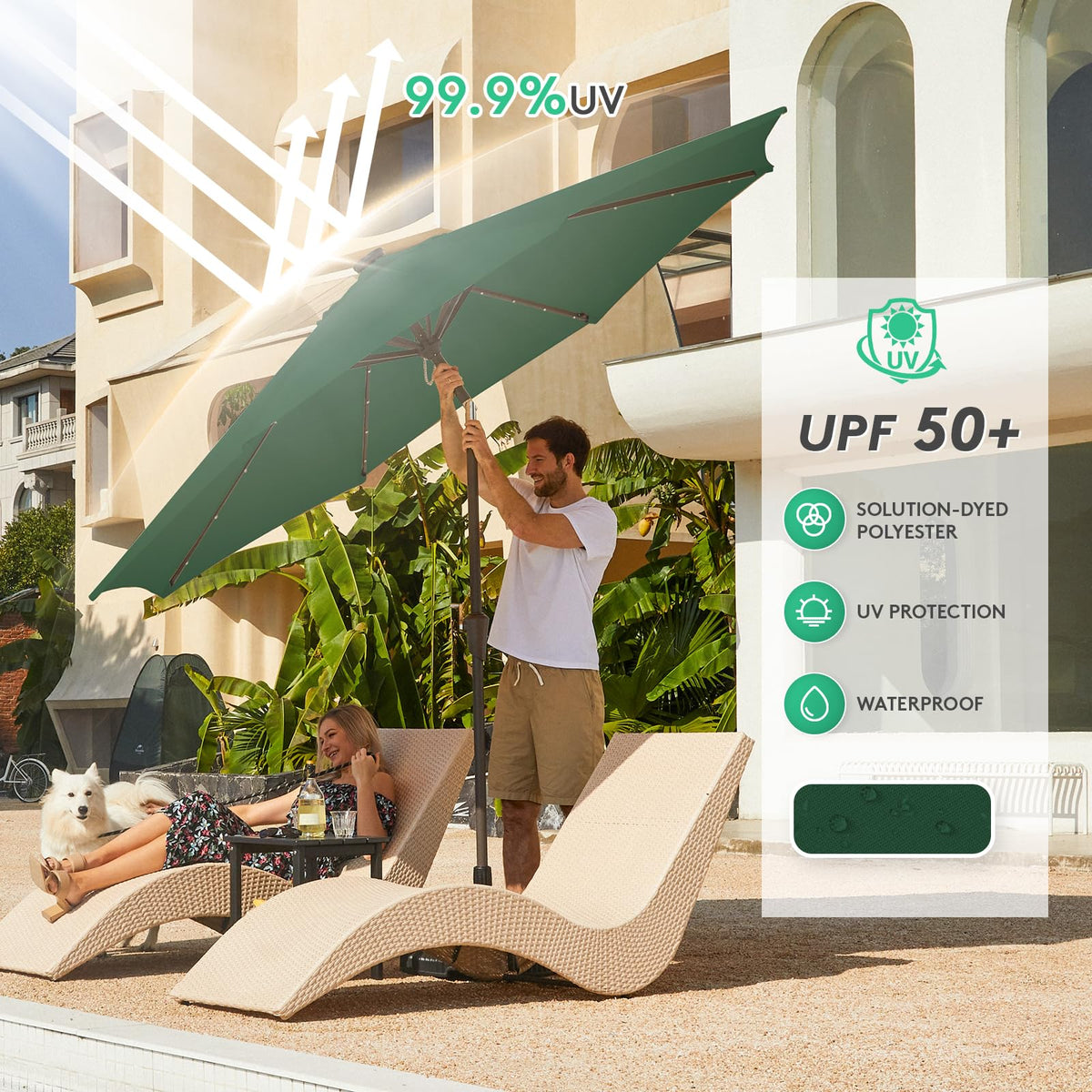 JEAREY Upgrade 9FT LED umbrella LED lights on provide ambient outdoor lighting.