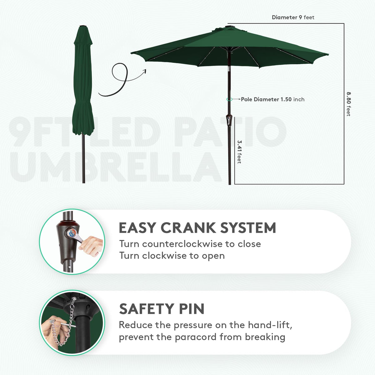 JEAREY Upgrade 9FT LED umbrella solar panel powers nighttime illumination.