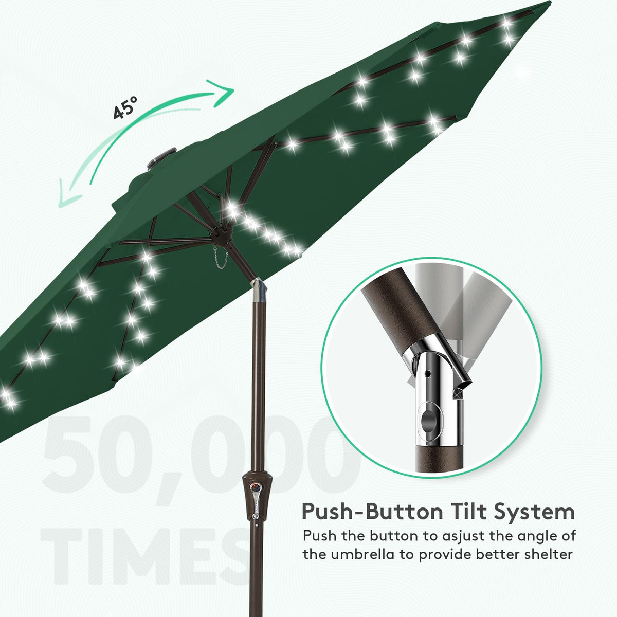 JEAREY Upgrade 9FT LED umbrella tilt function allows adjustable shade.