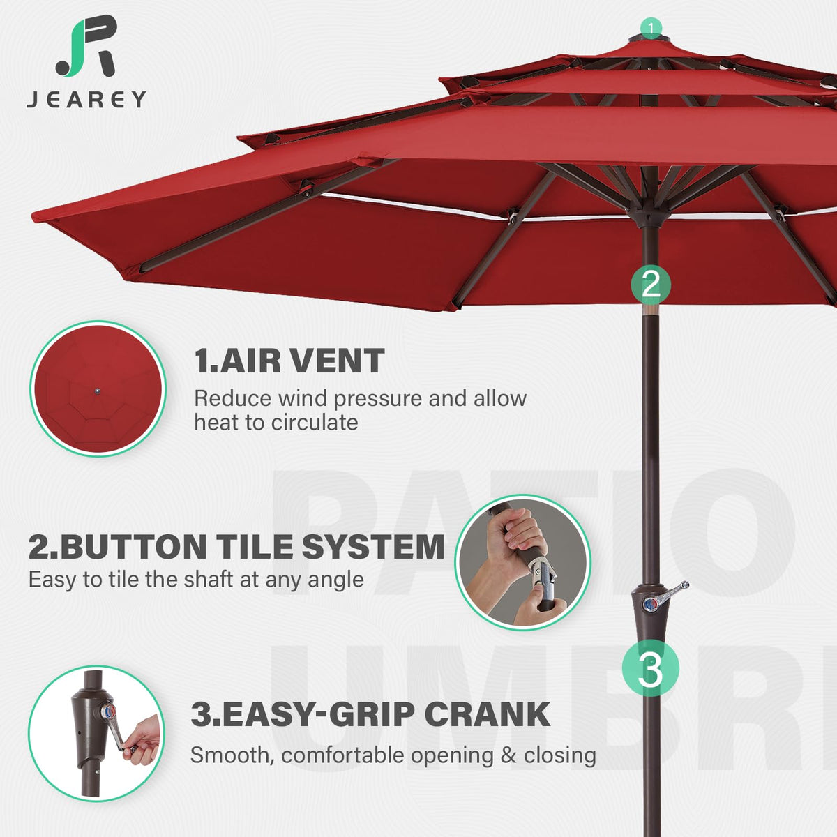 JEAREY vented top design for improved airflow and cooler shade.