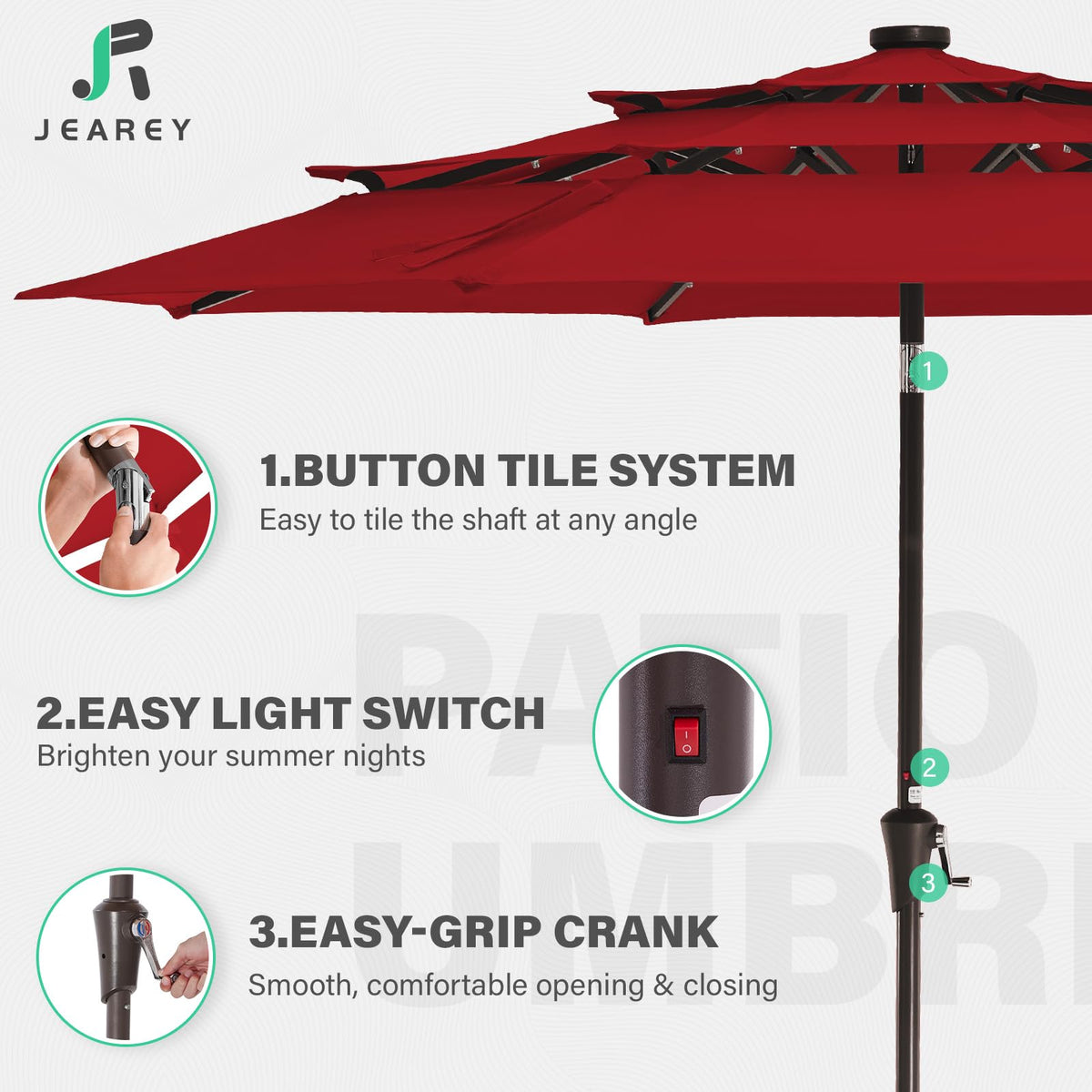 JEAREY waterproof and UV-coated fabric reduces glare and sun exposure.