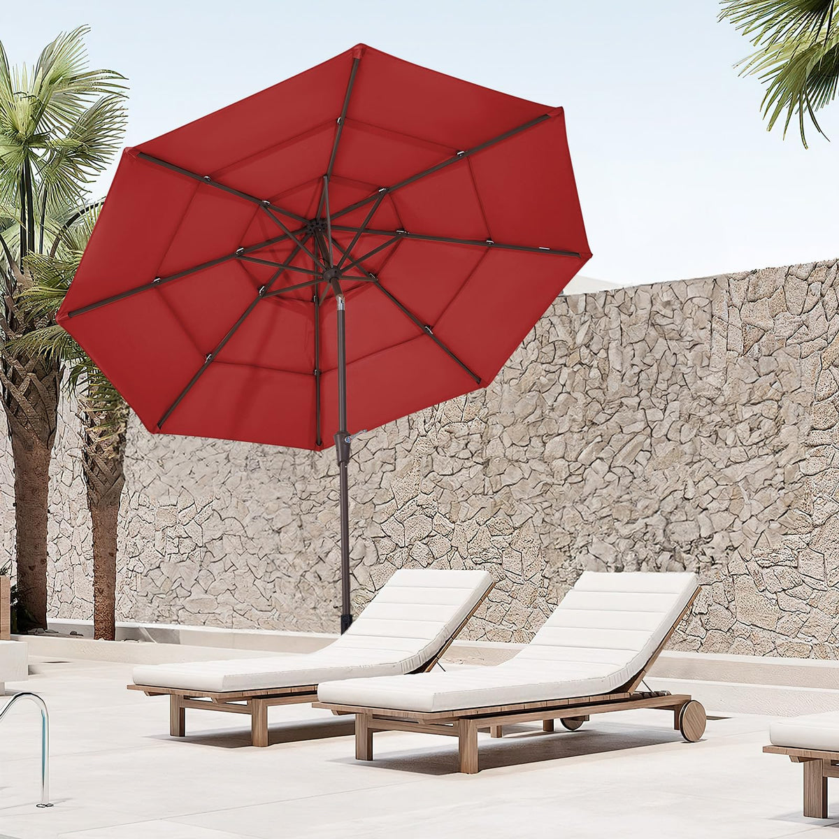 Large 9-foot canopy covering seating for 5–6 chairs.