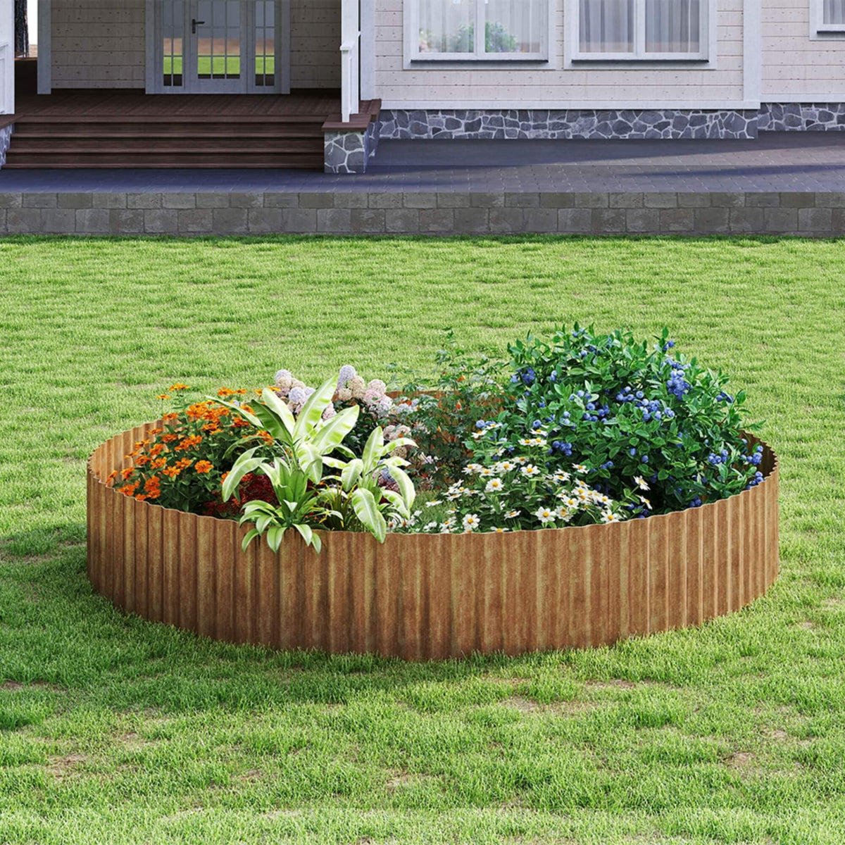 Jebosam metal landscape edging with rust finish resists flaking for lasting appeal.