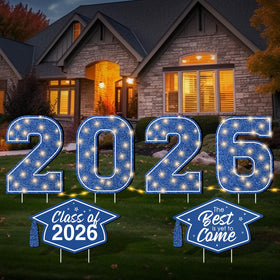 Jectivs 2026 yard signs with blue LED letters for outdoor visibility.