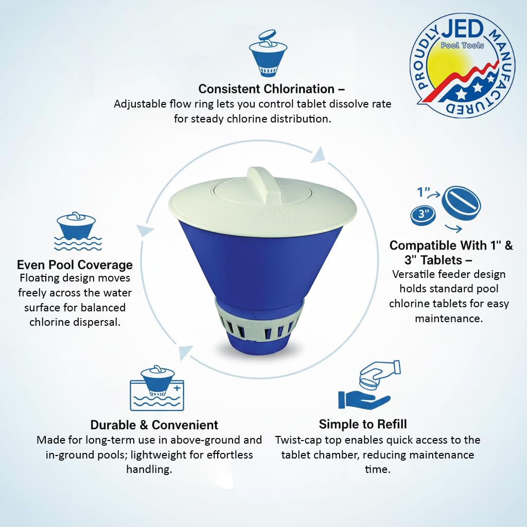 JED Pool Tools floating dispenser side view illustrating smooth water flow
