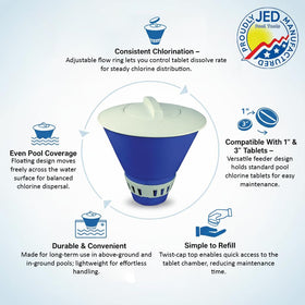 JED Pool Tools floating dispenser side view illustrating smooth water flow