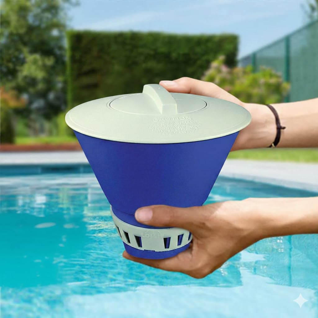Twist-cap refill on JED Pool Tools floating chlorine dispenser for quick access