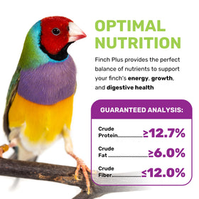 Finch Plus ingredient list featuring millet, canary seed, eggs and oat groats for small birds.
