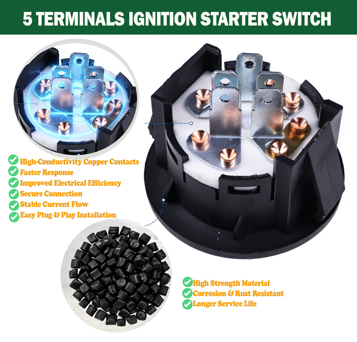 JEENDA ignition switch terminal pins detail illustrates five-terminal layout.