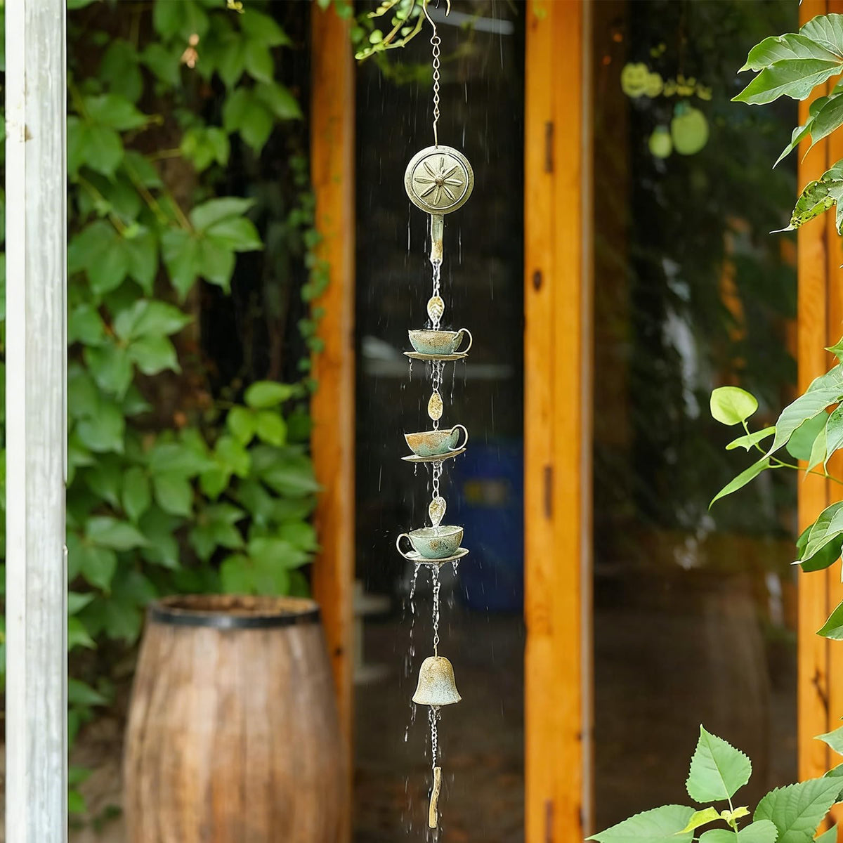 Jemeni cups and saucers rain chain creates soothing rain sounds on patios.