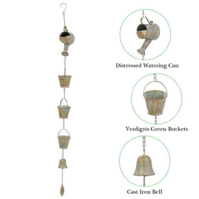 Jemeni rustic watering can with buckets adds vertical garden flair.