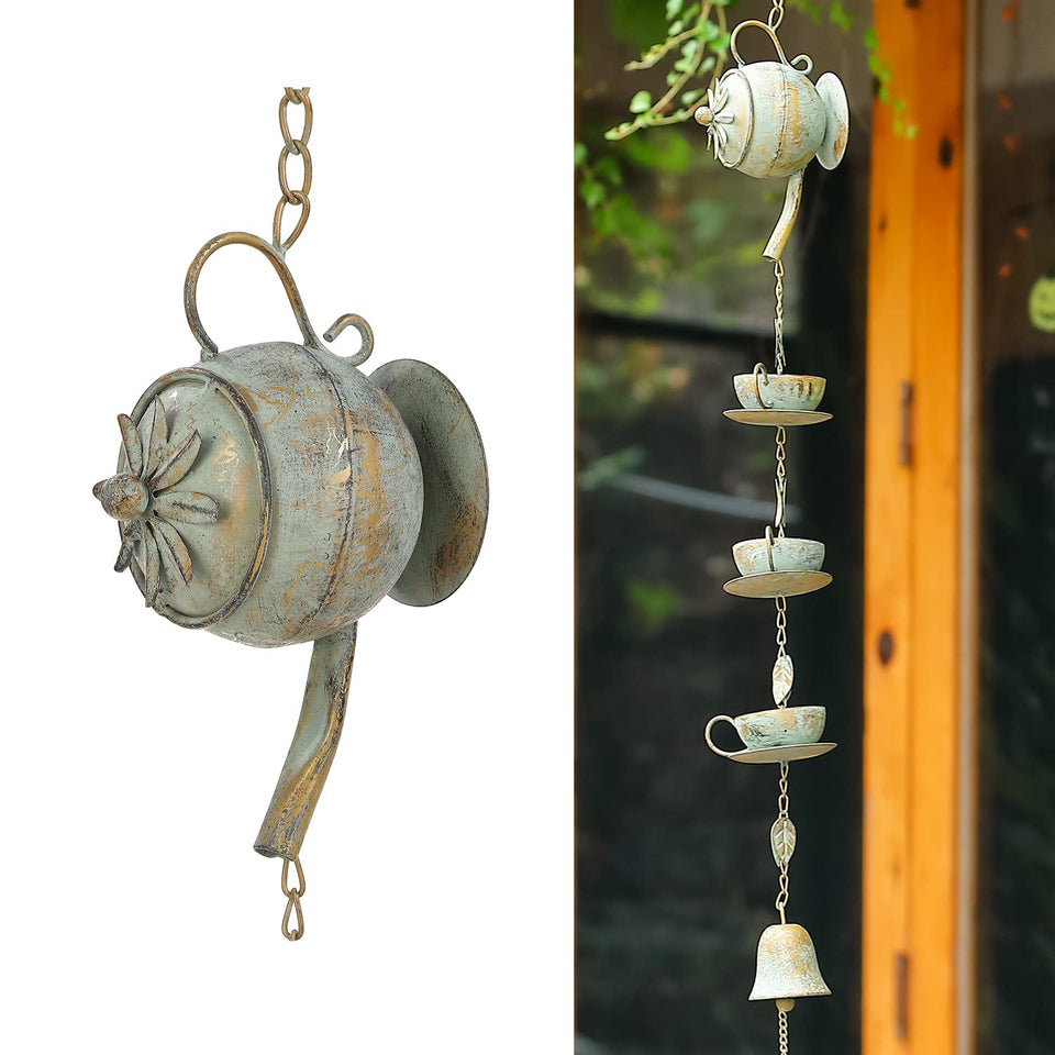 Jemeni teapot rain chime with green patina adds vintage charm to outdoor spaces.