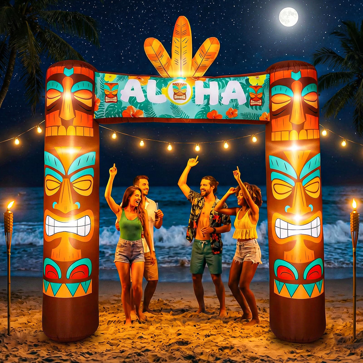 Jenaai 9.5 ft giant tiki arch with LED illumination brightens evening pool parties.