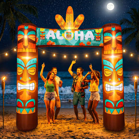 Jenaai 9.5 ft giant tiki arch with LED illumination brightens evening pool parties.