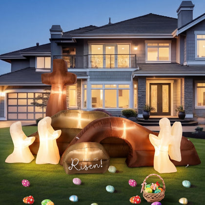 Jenaai Easter inflatable tomb with cross illuminated at night