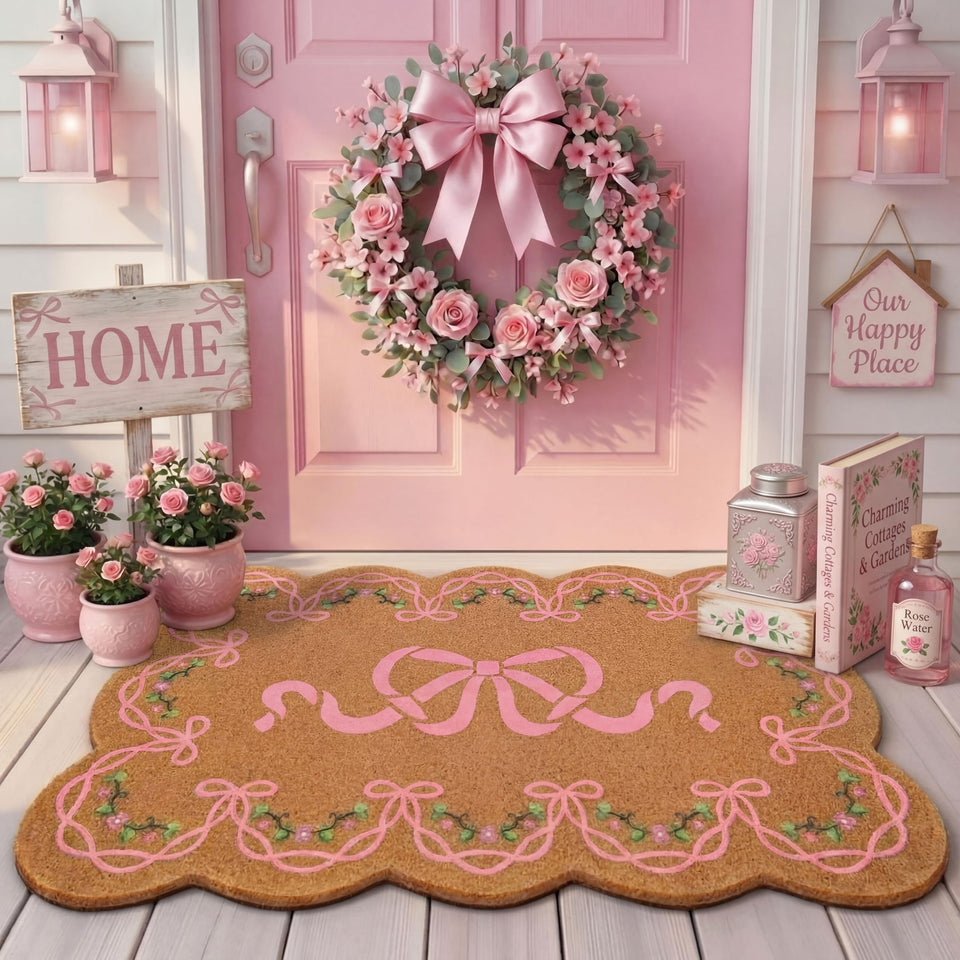 Jenaai scalloped pink bow doormat at entry, welcoming guests and scraping dirt.