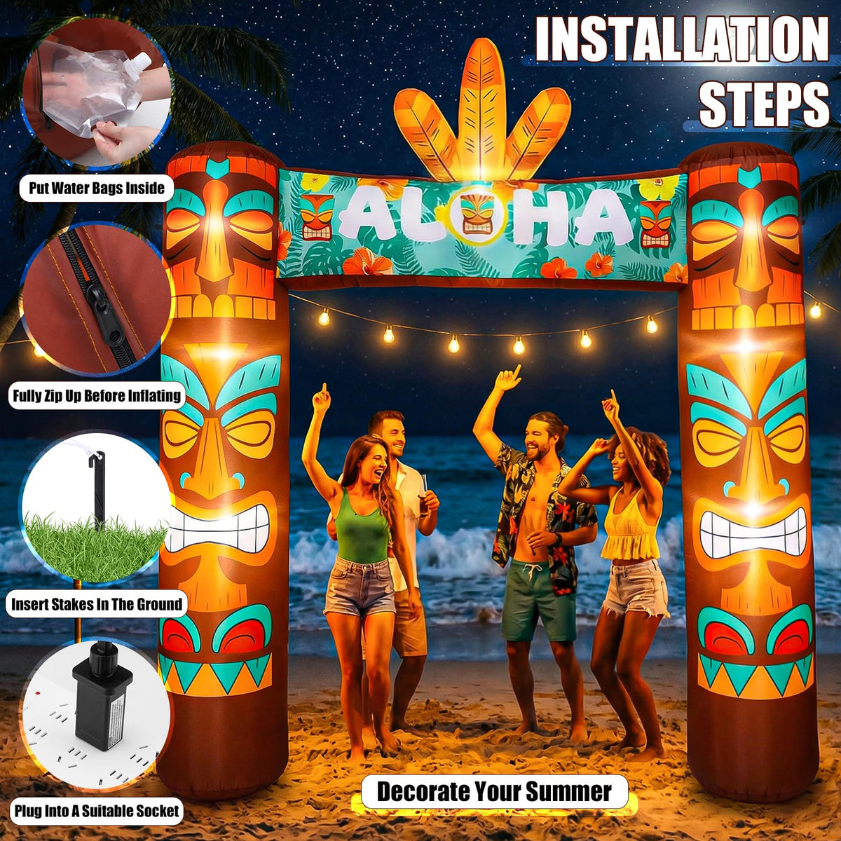 Jenaai tiki arch secured with water bags and pegs provides wind-resistant décor.