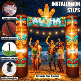 Jenaai tiki arch secured with water bags and pegs provides wind-resistant décor.