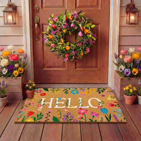 Jenaai 17x29 Doormat fits most doorways with bold Hello message.