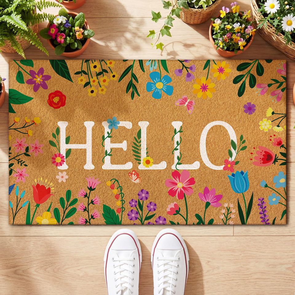 Jenaai Spring Coir Doormat Hello Front Door offers durable outdoor use and a welcoming vibe.