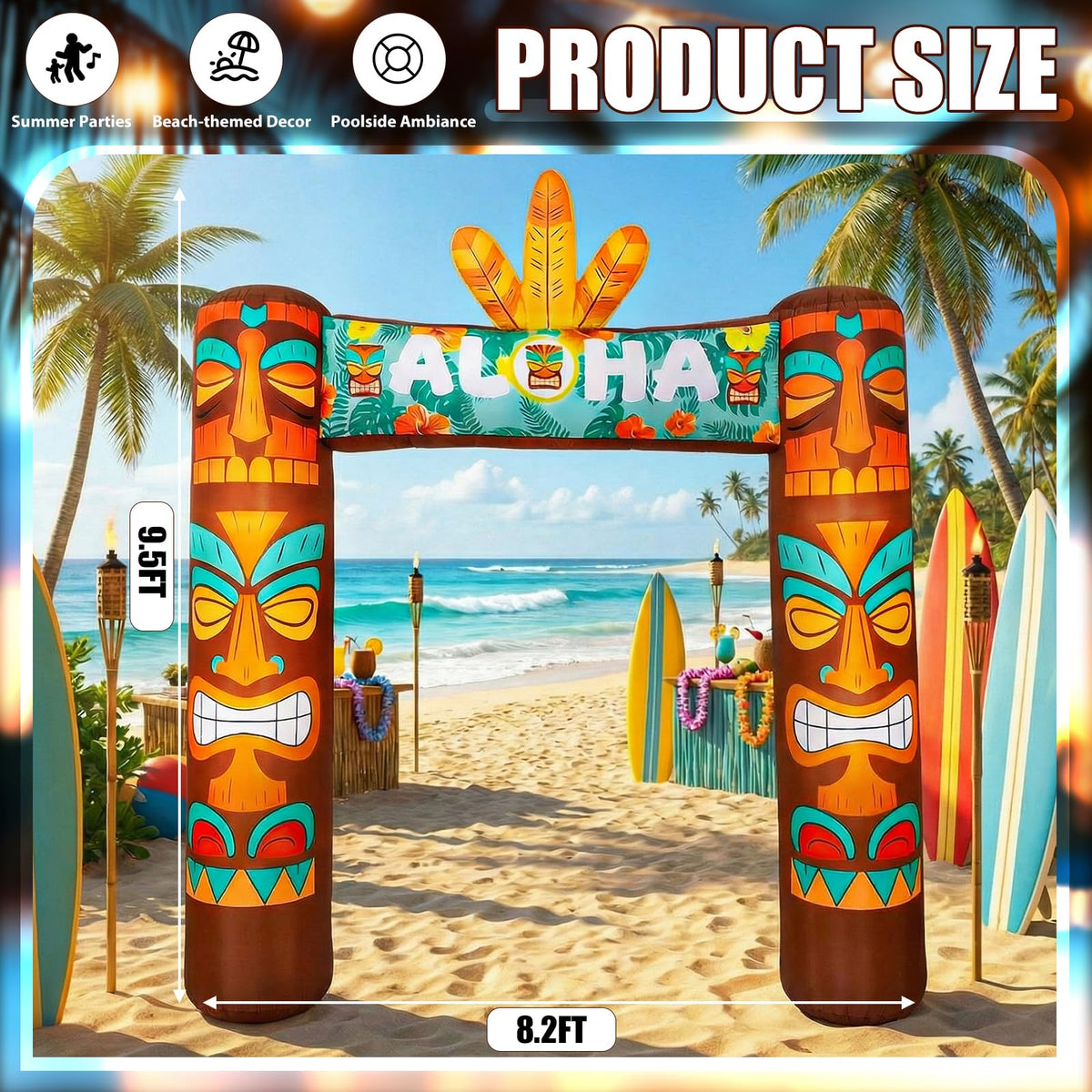 Jenaai tiki arch close-up shows bold masks and tropical motifs for festive flair.