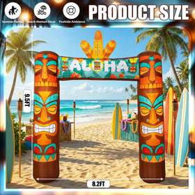 Jenaai tiki arch close-up shows bold masks and tropical motifs for festive flair.