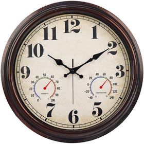 JENLYSTIME 16-inch dark brown wall clock with thermometer and hygrometer for reliable indoor-outdoor readings.