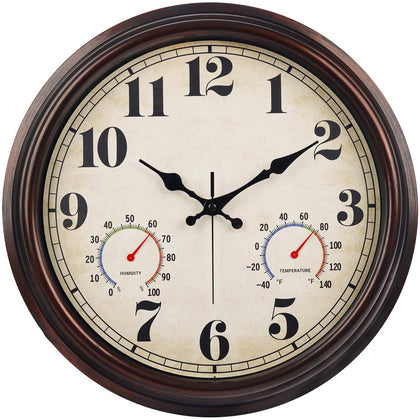 JENLYSTIME 16-inch dark brown wall clock with thermometer and hygrometer for reliable indoor-outdoor readings.