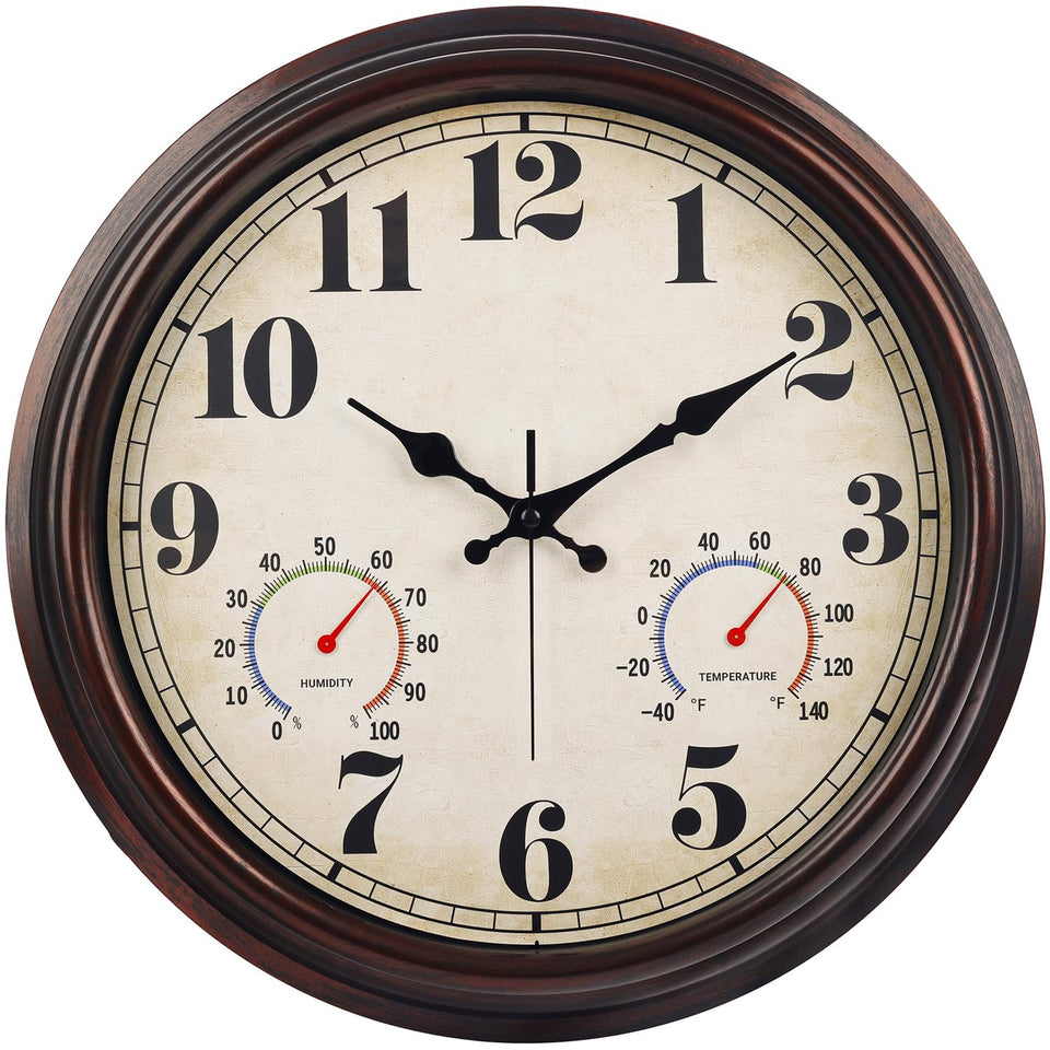 JENLYSTIME 16-inch dark brown wall clock with thermometer and hygrometer for reliable indoor-outdoor readings.