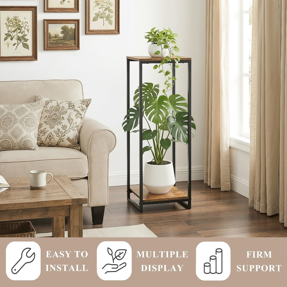 JEPRECO two-tier shelf elevates greenery on a corner balcony display.