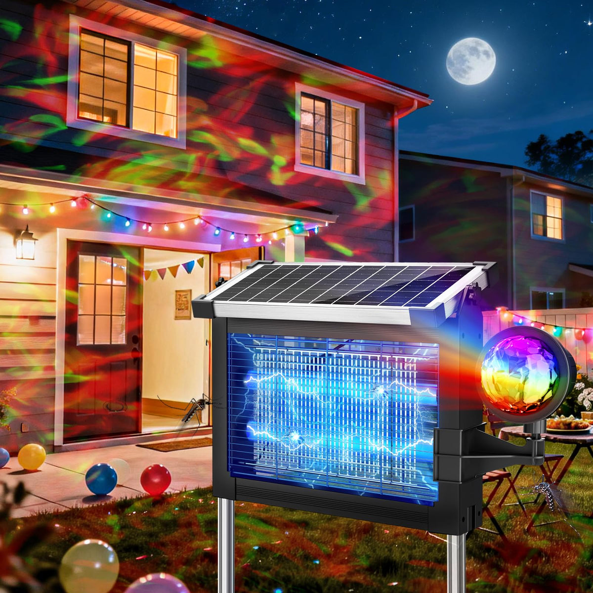 Jepwe solar bug zapper with projector lights lighting outdoor walls and deterring insects