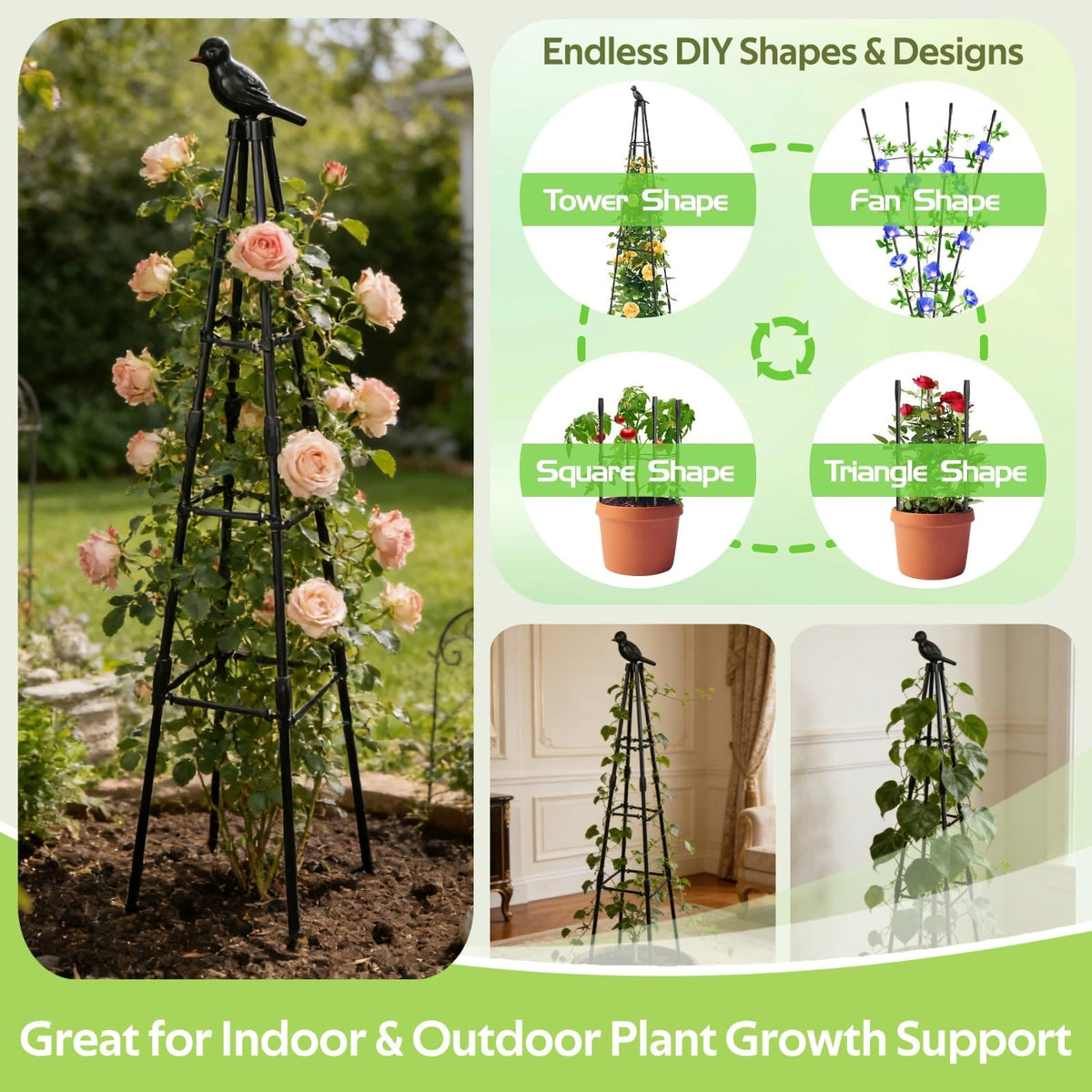 Jesosia Garden Trellis decorative bird toppers add garden charm and guidance.