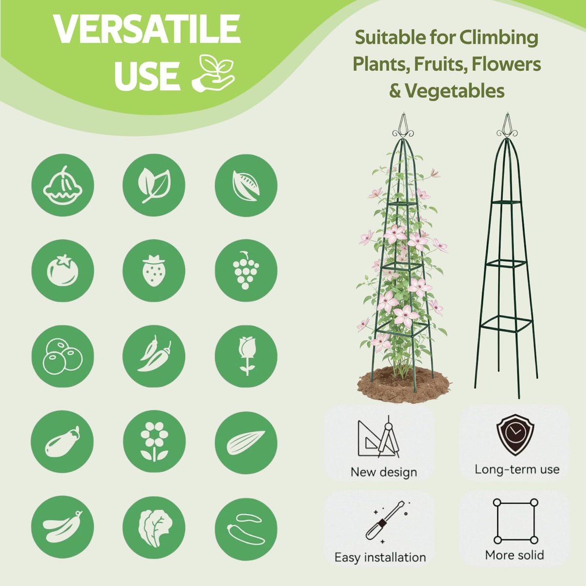 Jesosia versatile trellis supports roses, cucumbers, beans, and more.