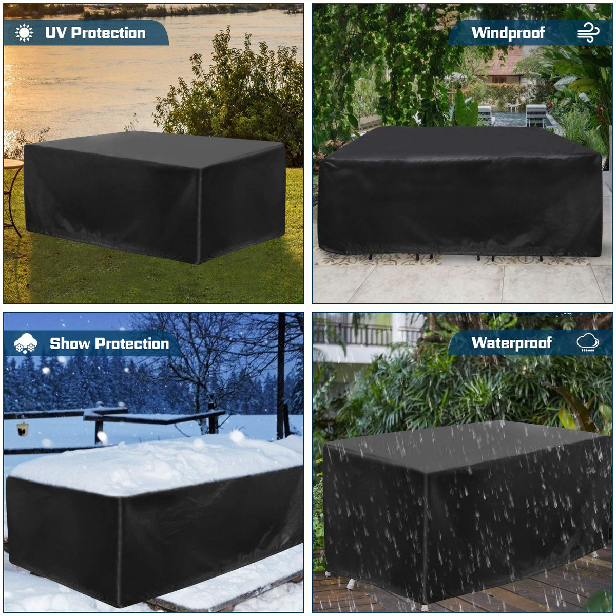 Large size demonstrates coverage for 8-10 seat patio sets