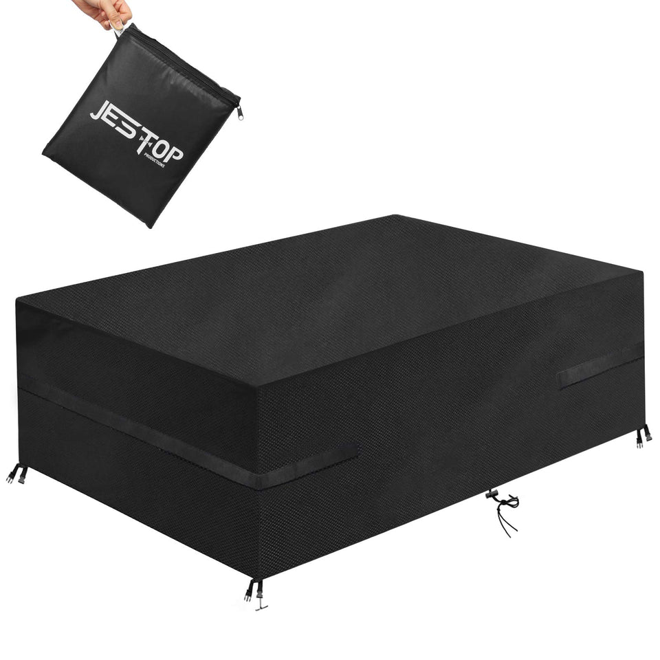 JESTOP 96in rectangular patio table cover in place protecting from rain