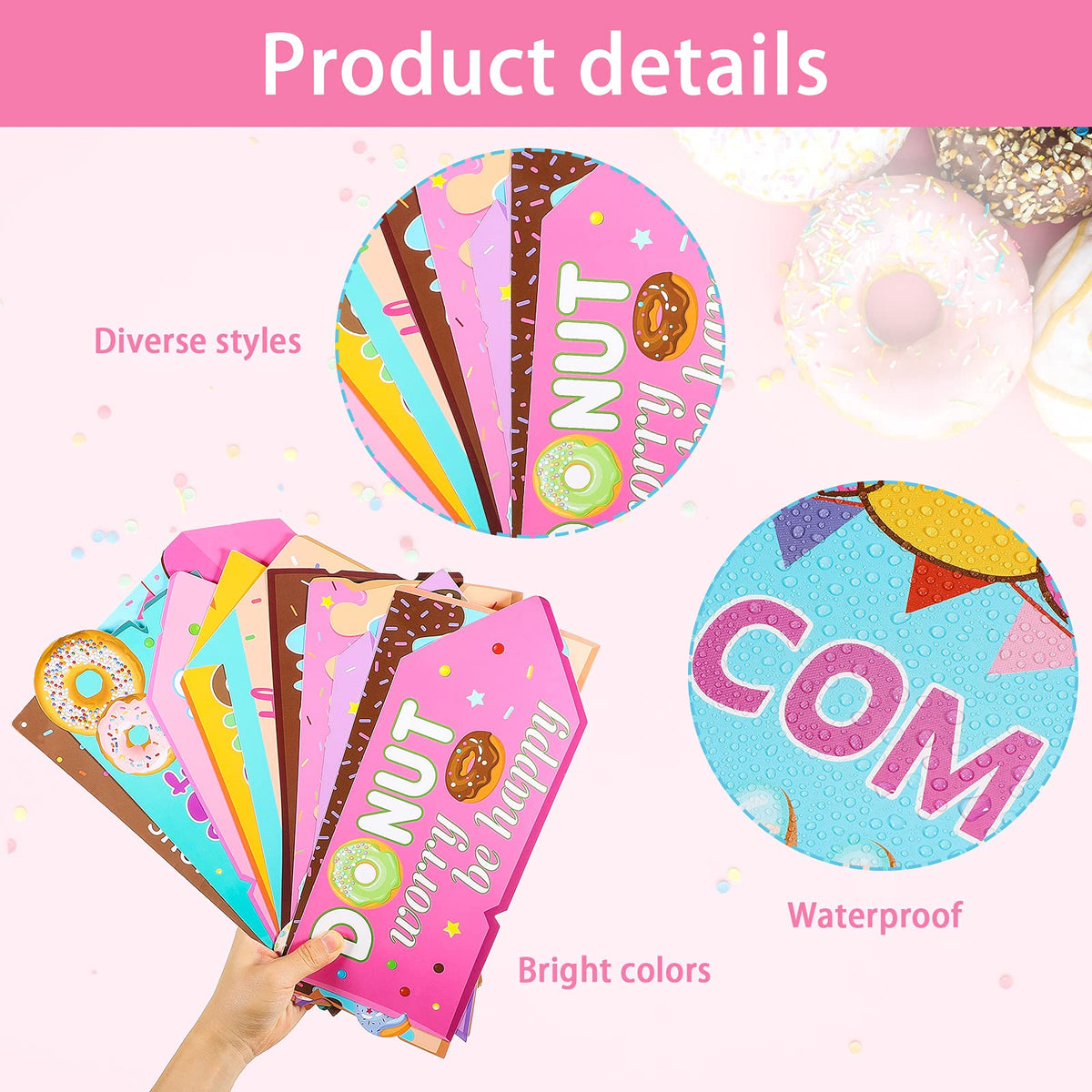 Jetec donut party signs in vibrant colors for candyland-themed events.
